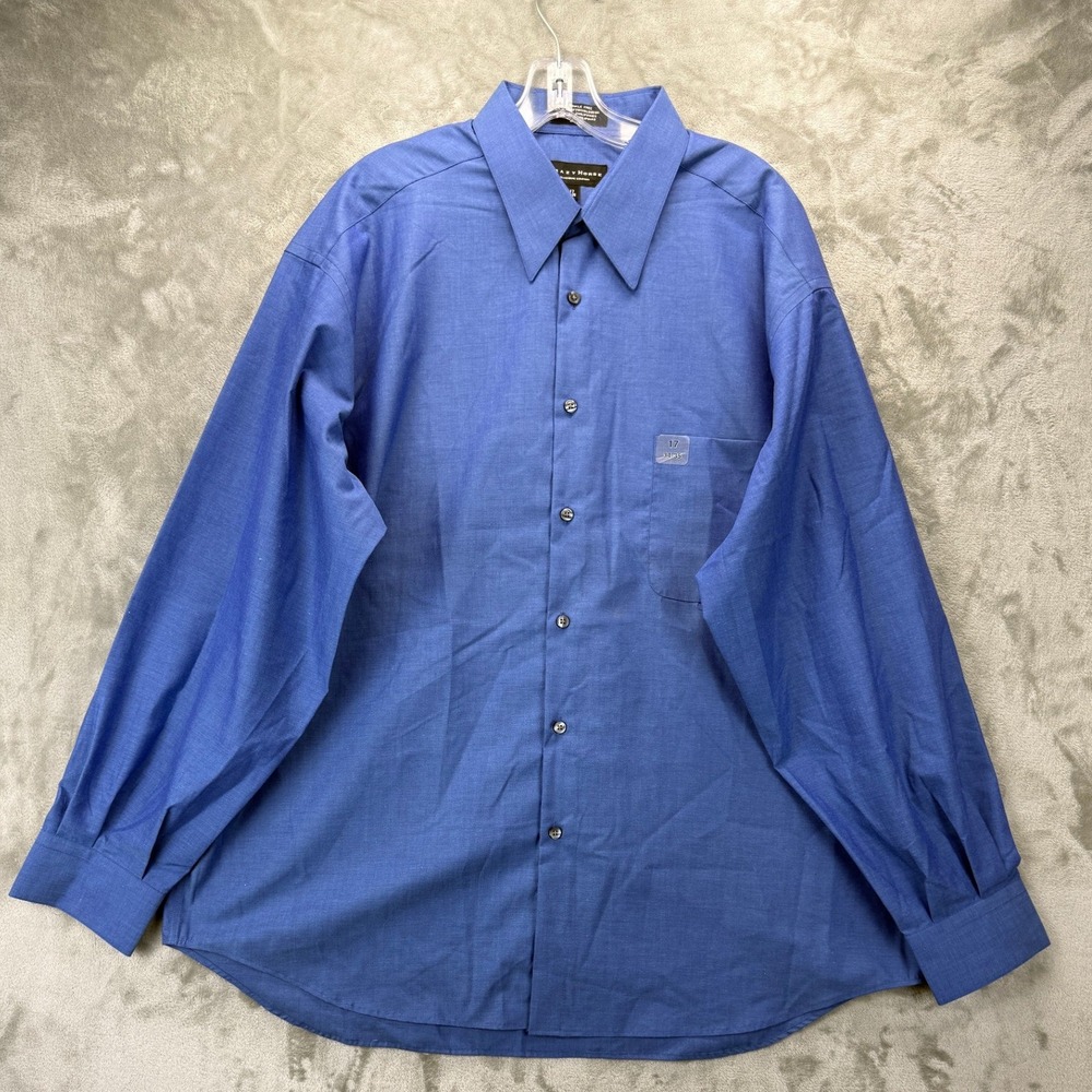 Crazy Horse Mens Blue Wrinkle Free‎ Cotton Dress Shirt Size 17 34-35 Long Sleeve